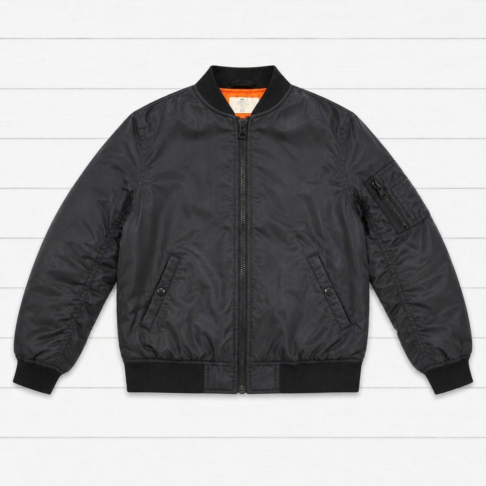 HM Kids Black MA-1 Bomber Jacket Orange Lining Size 6X 7 Full Zip Padded Coat